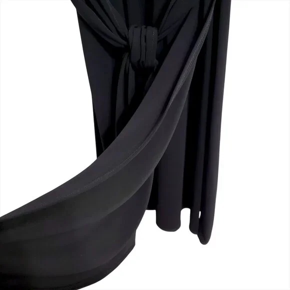 BCBGMaxAzria Black Faux Wrap Midi Dress M 3/4 Sleeve Tie Ruched Minimalist - Picture 8 of 12